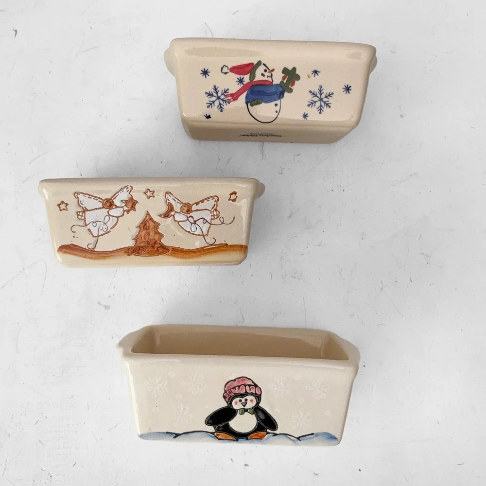 Garden Ridge Christmas Mini Loaf Pan Set 3 Snowman Penguin Angel Stoneware